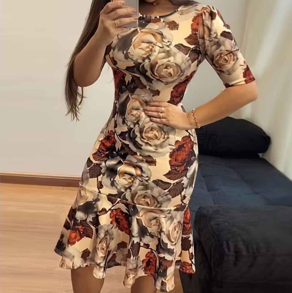 Cream and Red Floral Midi Dress